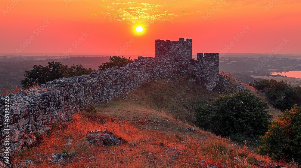 Fototapeta premium Sunset over ancient stone castle ruins on a hilltop with scenic landscape