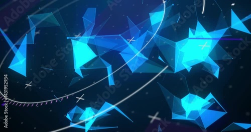 3D render glowing blue triangles floating in digital space with lines, light trails, purple streak