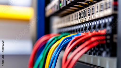 Multicolored network cables plugged into server rack showing digital connectivity and data transmission infrastructure