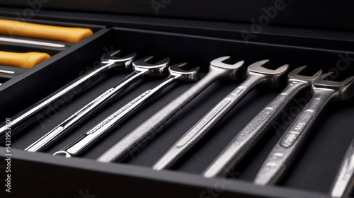 Chrome vanadium hand tools with yellow handles lying organized inside professional mechanic's metal drawer, showing precision workshop storage photo