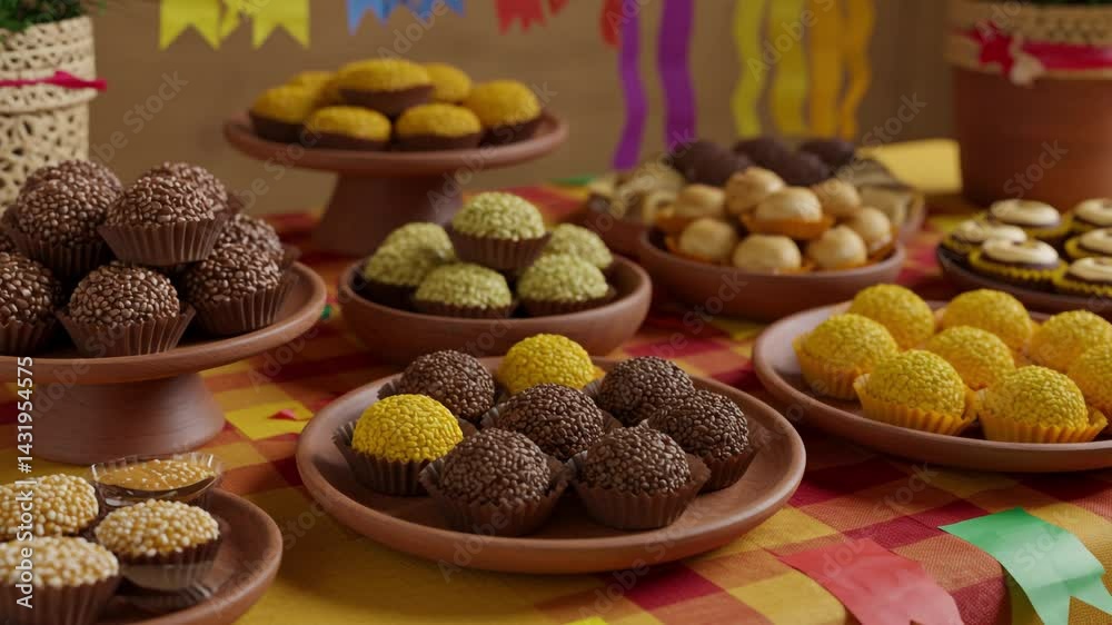 Delicious brazilian brigadeiro dessert chocolate sweets for Festa Junina gourmet culinary feast table