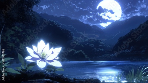 Moonlight flower by river, night forest landscape photo