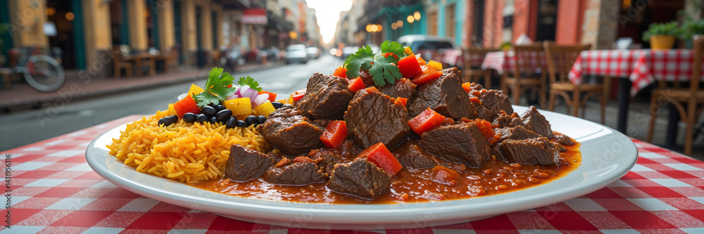 Ropa vieja stewed beef in a spicy tomato sauce with a side dish of rice on a table in a street cafe, Cuba traditional food