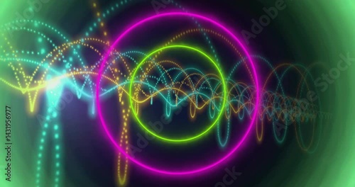 Neon cyan and orange rings glowing while turquoise, gold waveforms looping across dark 3D render