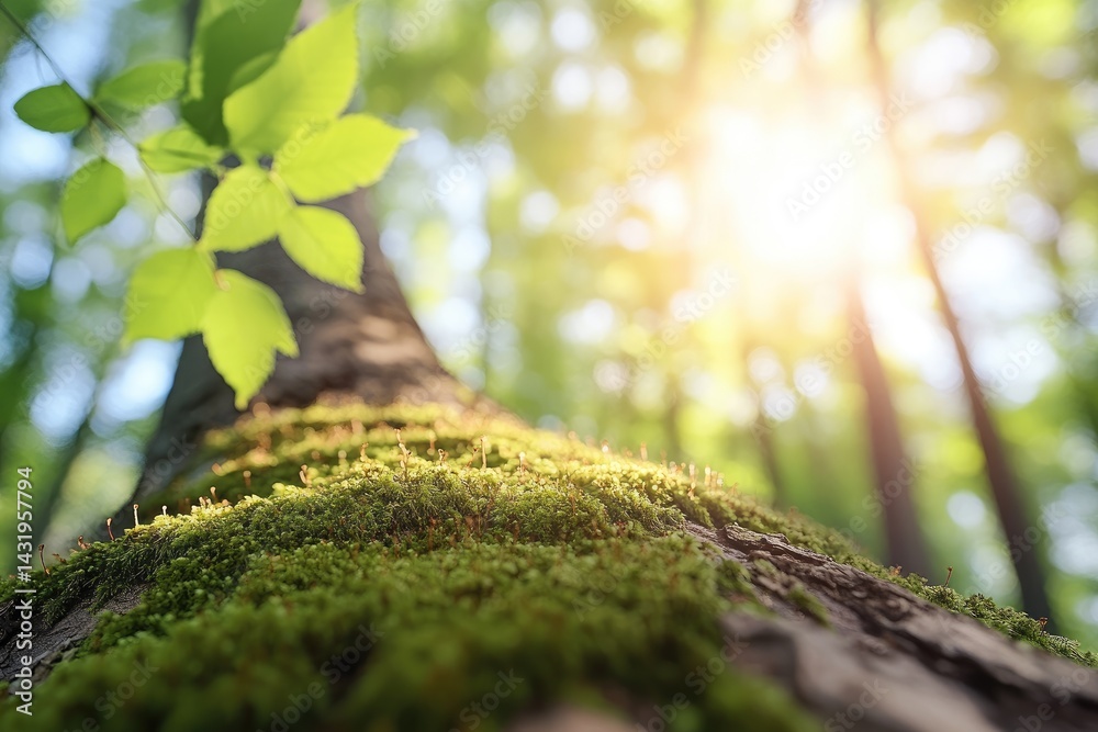 Sunlit forest canopy through tree branches mossy trunk natural light