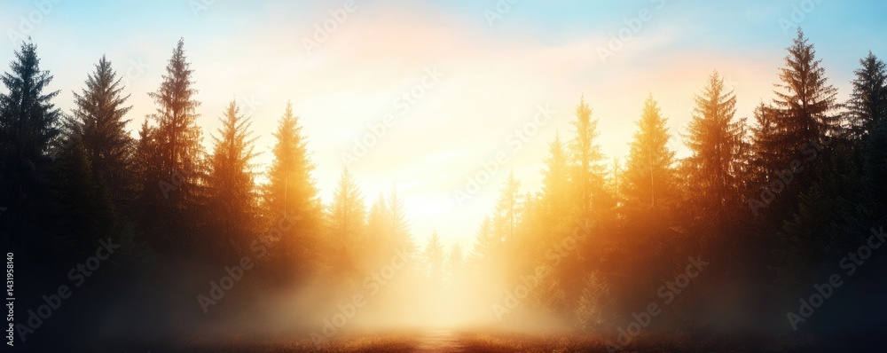 Sunlit forest landscape dense evergreen trees morning mist