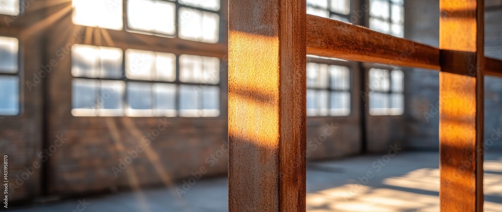 Sunlit interior through rustic wooden frame light and shadow textures