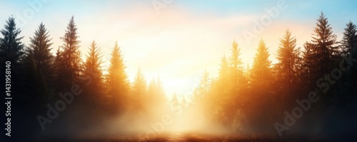 Obraz na płótnie Sunlit forest landscape dense evergreen trees morning mist w salonie