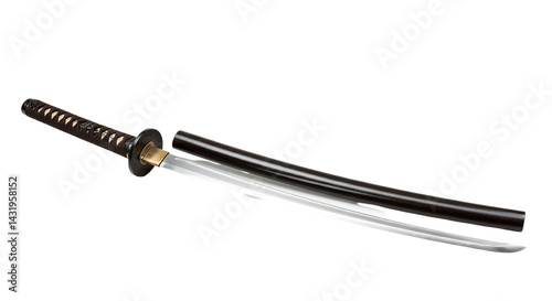 A katana sword partially sheathed, showing the blade, with a dark handle and a black scabbard lying flat