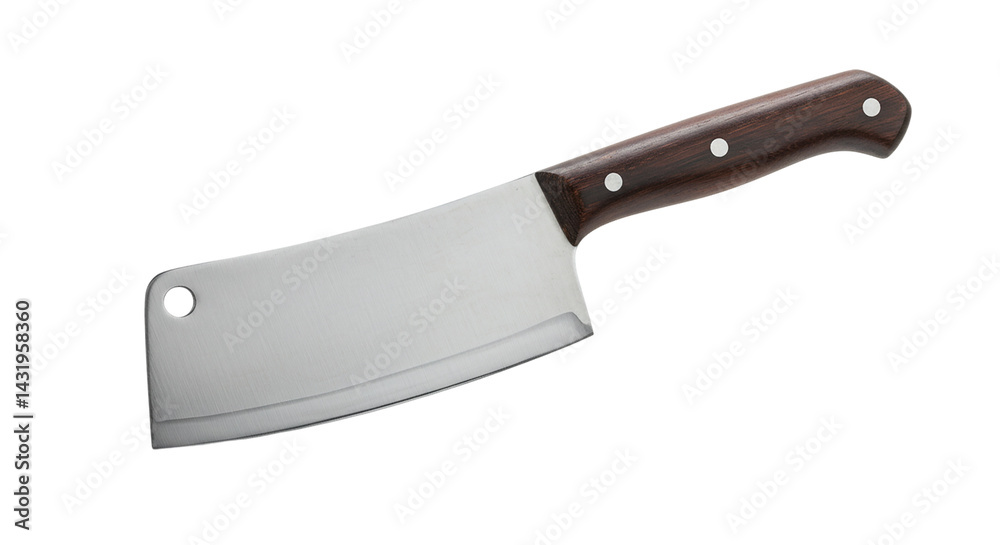 A cleaver knife with a wooden handle and silver blade is isolated against a black background view A cleaver knife with a wooden handle and silver blade is isolated against a black background view