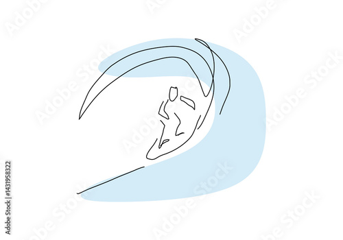 Minimalist one-line drawing of a surfer riding a wave.