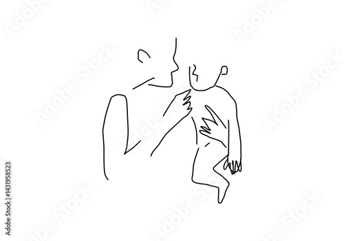 Minimalist one-line drawing of a father lifting his child joyfully. 