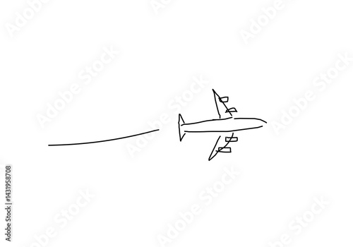 Minimalist line art illustration of an airplane. Simple sketch style with light blue accent, symbolizing travel, aviation, and transportation.