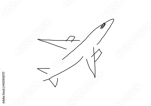 Minimalist line art illustration of an airplane. Simple sketch style with light blue accent, symbolizing travel, aviation, and transportation.