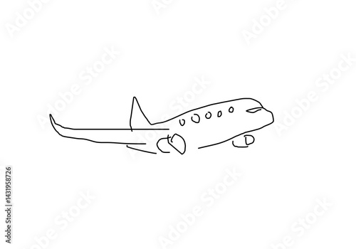 Minimalist line art illustration of an airplane. Simple sketch style with light blue accent, symbolizing travel, aviation, and transportation.