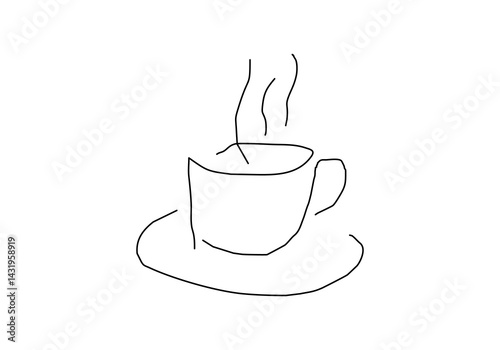 Minimalist one-line drawing of a coffee cup on a saucer with steam. 