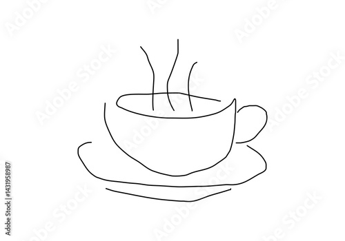 Minimalist one-line drawing of a coffee cup on a saucer with steam. 
