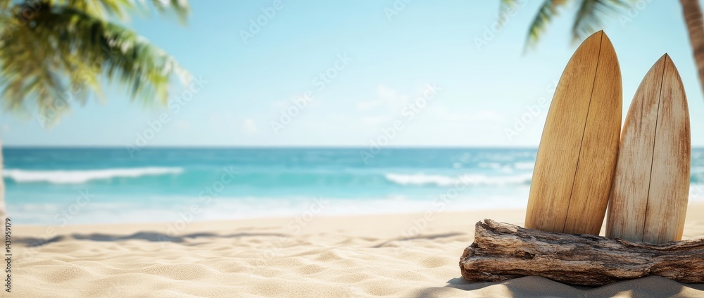 Surfboards on beach coastal vacation concept background with turquoise ocean