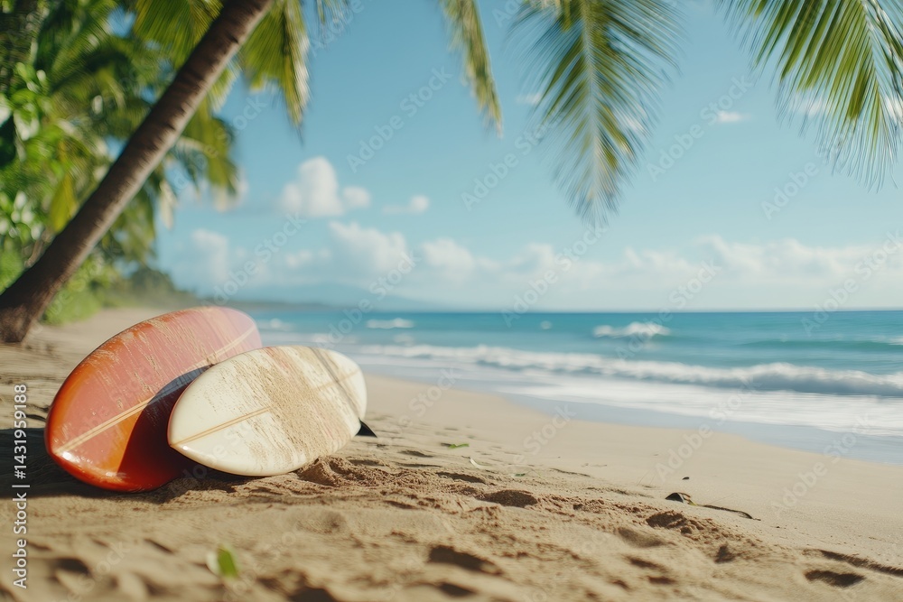 Surfboards on beach ocean scene tropical vacation palm trees