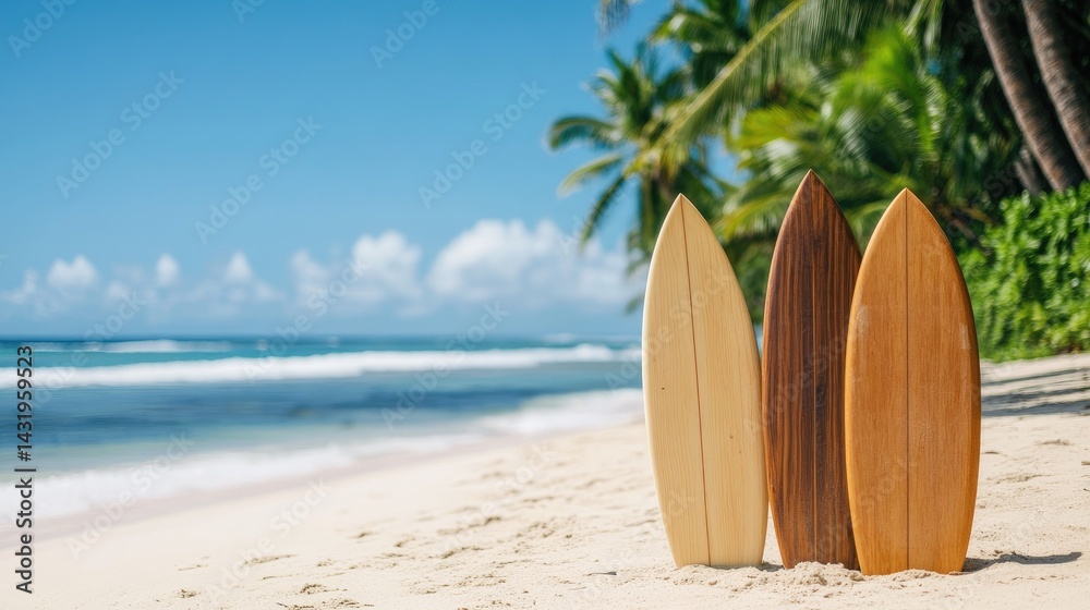 Surfboards on beach vacation tropical holiday summer ocean sand palm trees wooden