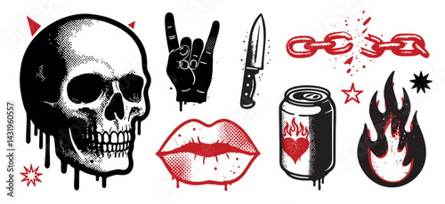Grunge pop art style punk icons skull, knife, lips, rock hand, fire, soda can. Bold ink art. Isolated on white background