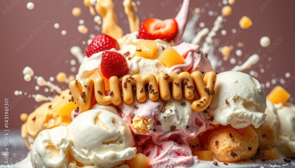 Obraz premium Ice cream explosion with fruit and splashes