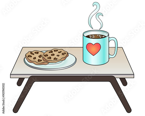 Breakfast table with a cup of coffee and a plate of cookies - vector full color picture. The bedside table with a mug of tea and cookies on a saucer is a cute cozy	