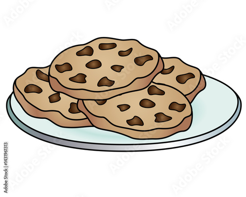 Sweets. Chocolate chip cookies on a plate - vector linear full color picture. Chocolate chip cookies on a saucer. Sweet pastries for dessert.	
