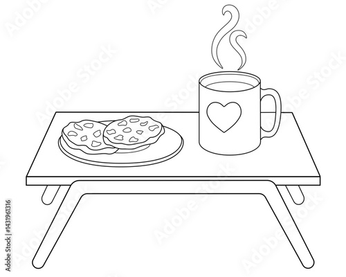 Breakfast table with a cup of coffee and a plate of cookies - vector linear illustration for coloring. Outline. The bedside table with a mug of tea and cookies on a saucer is a cute cozy doodle.	