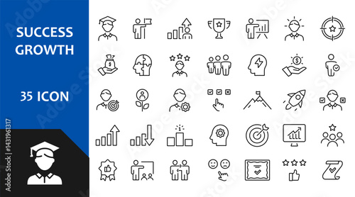 Success and Growth Editable Icons set. Vector illustration in modern thin line style of business icons: personal, professional, and financial growth, progress, career.