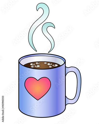 Blue Cup with a pink heart. Cup with a hot drink - coffee or tea and rising trickles of steam - vector full color illustration. Mug with heart	
