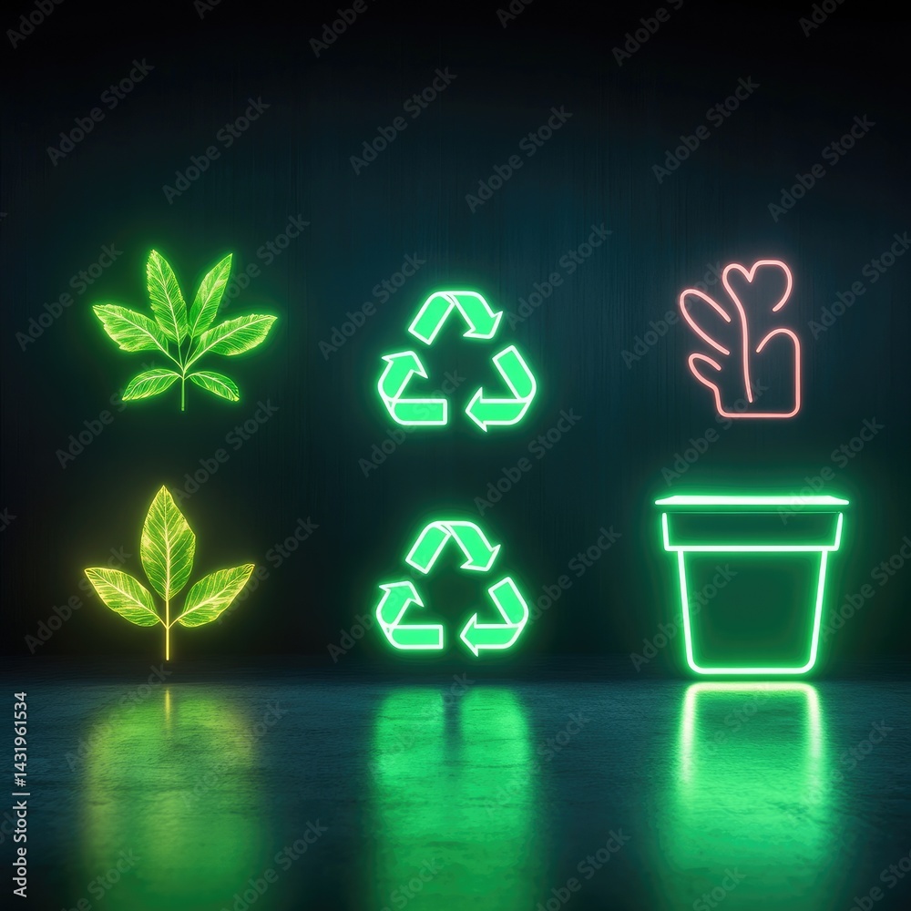 Sustainability icons neon green glowing plants recycling environment eco conservation symbols