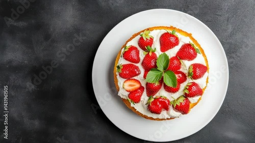 Delicious strawberry sponge cake topped with cream and fresh strawberries served on a white plate against a dark background.
