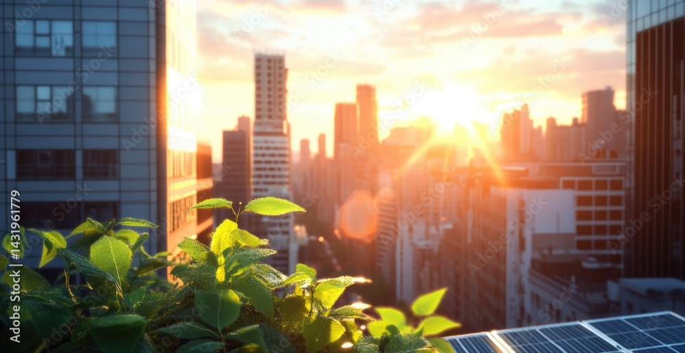 Sustainable cityscape green energy solar panels urban environment