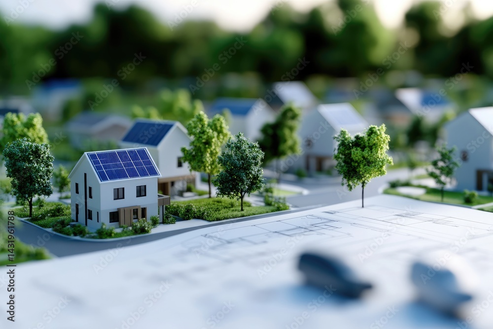 Sustainable house model solar panels green energy urban planning