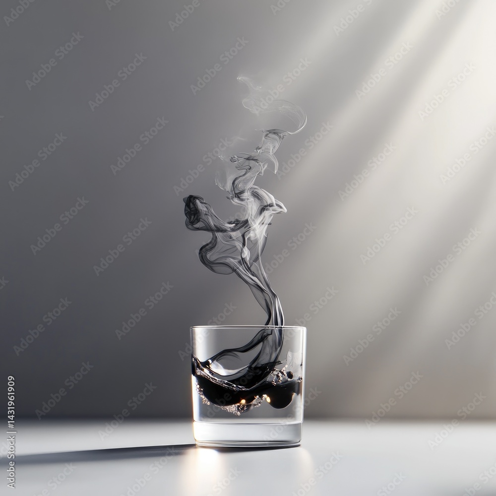 Swirling black ink plumes in glass water abstract monochrome background
