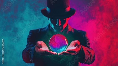 Mystical performance magician predicts future with crystal ball enchanted setting dramatic lighting captivating perspective