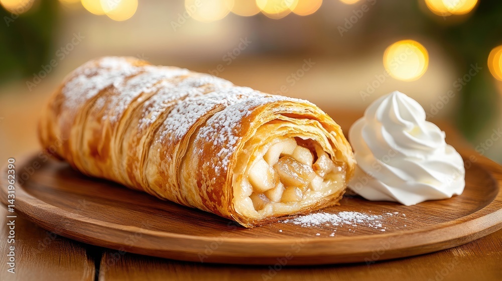 Sweet pastry roll with cream dessert treat on wooden plate