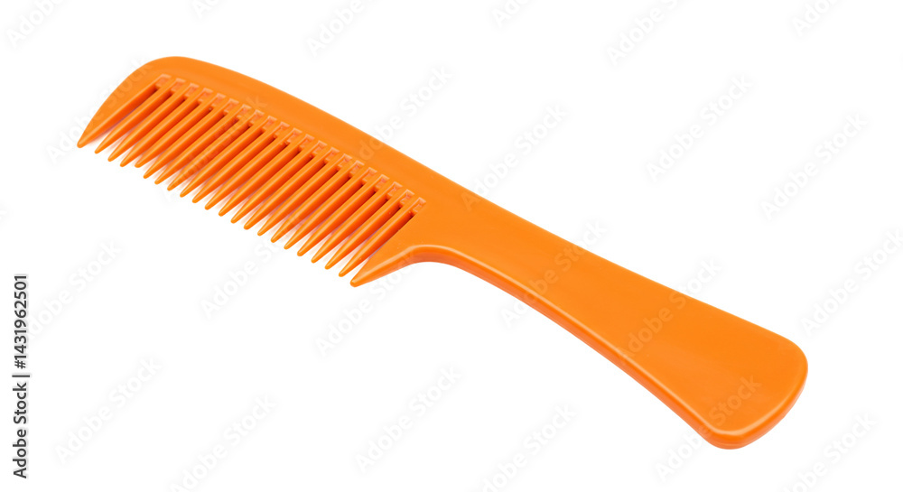 Close up view of a single orange plastic comb with handle on a black background in studio lighting Close up view of a single orange plastic comb with handle on a black background in studio lighting