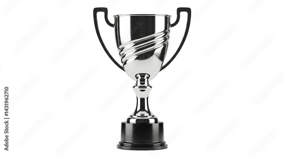 A shiny silver trophy with handles and a decorative spiral design on a black background for an award A shiny silver trophy with handles and a decorative spiral design on a black background for an award