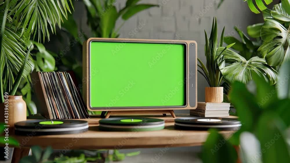 Retro Television with Green Screen Amidst Lush Greenery