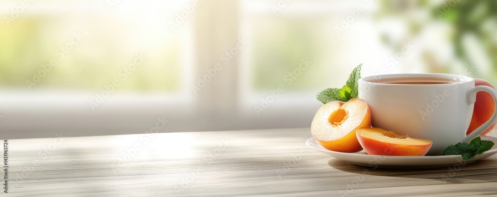 Tea cup with peach slices and mint leaves still life composition healthy food beverage