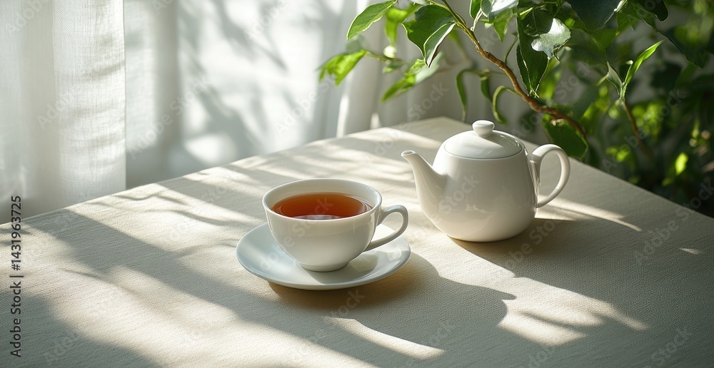 Tea cup teapot on table natural light serene still life photography