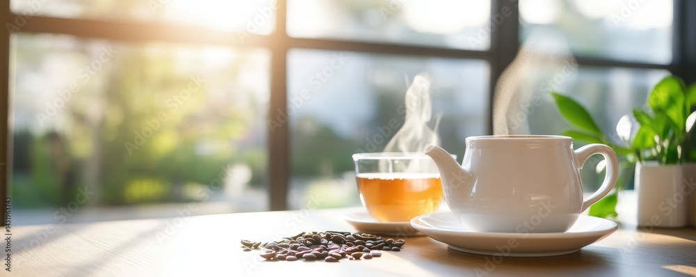 Tea steaming cup teapot drink leaves freshness
