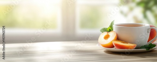 Obraz na płótnie Tea cup with peach slices and mint leaves still life composition healthy food beverage w salonie