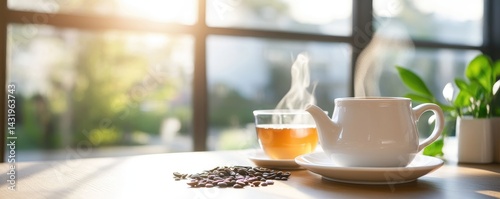 Obraz na płótnie Tea steaming cup teapot drink leaves freshness w salonie