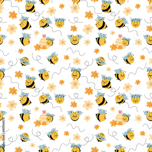 Seamless background pattern of cute bees flying around flowers.cdr