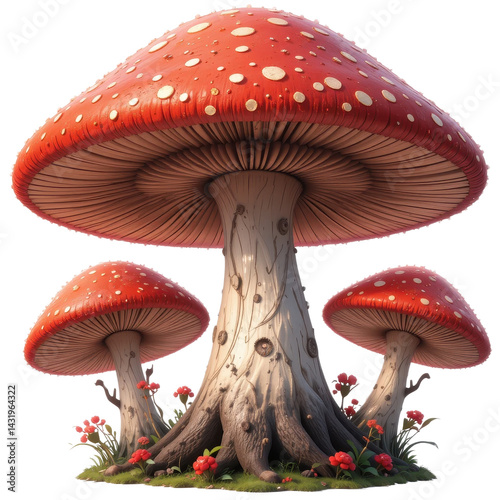 Enchanting Fantasy Mushrooms Giant Red Toadstools with Smaller Companions in a Lush Green Setting