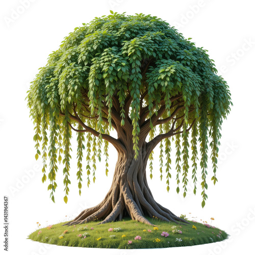 Majestic Weeping Willow Tree in a Sunny Meadow Lush Green Foliage Thick Trunk and Vibrant Wildflowers