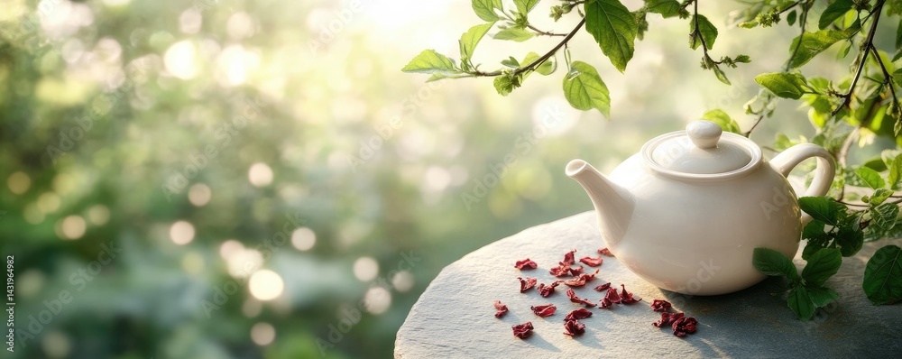 Teapot with dried flowers on stone surface lush green natural background